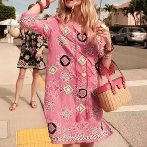 Frances Valentine Capri Tunic Pink Embroidered Dress Size XS Tassels